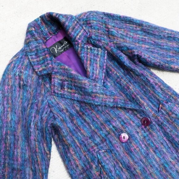 Vintage 60s Kramer's Plaid Jewel Tone Shaggy Mohair Blend Coat Lined Women's 8 - Picture 2 of 16